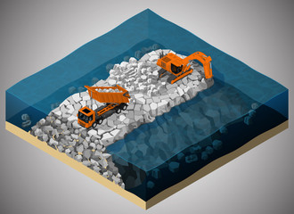 Vector isometric illustration describing the dike construction process, using a truck and a excavator.