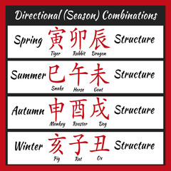 Chinese feng shui horoscope letters. Ba zi Combinations. Translation of 12 zodiac animals, feng shui signs hieroglyph- Rat, Ox, Tiger, Rabbit, Dragon, Snake, Horse, Goat, Monkey, Rooster, Dog, Pig