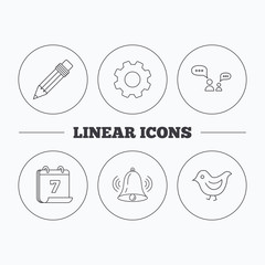 Dialogue, pencil and bird icons.