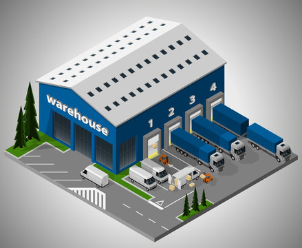 Vector isometric illustration of exterior of warehouse and unloading of delivery vehicles. Equipment for cargo delivery.