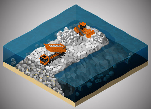 Vector isometric illustration describing the dike construction process, using a truck and a bulldozer.