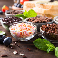 Assorted dutch hagelslag, sprinkles. Netherlands traditional sweets for breakfast.