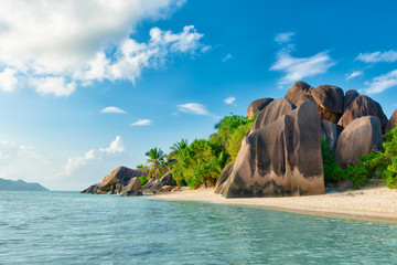tropical anse source d'argent beach on la digue island seychelles