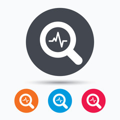 Heartbeat in magnifier icon. Cardiology symbol.
