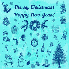 Hand drawn doodle Merry Christmas and Happy New Year illustration. Indigo images, blue watercolor background.