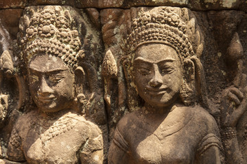 Terrace of leper king, close up detail of the carving of the walls. Angkor, Cambodia.