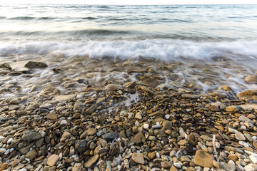 View of a rocky coast at sunset, Long exposure shot., Zakynthos, Greece