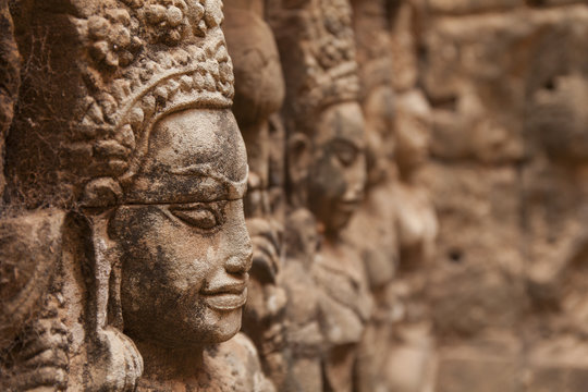 Terrace of leper king, close up detail of the carving of the walls. Angkor, Cambodia.