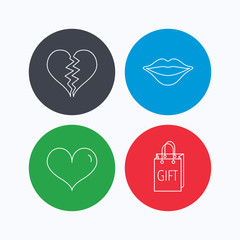 Love heart, kiss lips and gift icons.