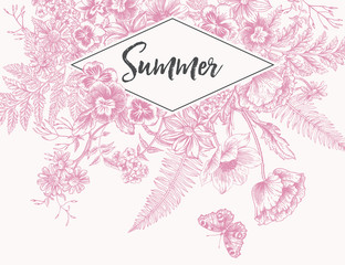 Vintage frame with garden flowers. Engraving.