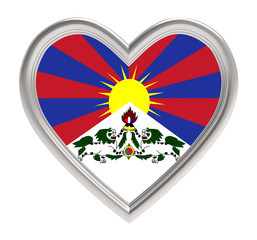 Tibet flag in silver heart isolated on white background. 3D illustration.