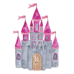 Princess Castle Pink Baby Girls Nursery  Fairy watercolor Illustration Isolated on the white

