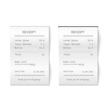 Vector Sales Printed Receipt. Bill Atm Template, Cafe Or Restaurant Paper Financial Check Realistic Vector Illustration