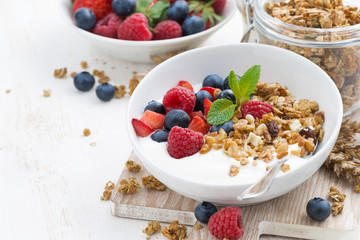 healthy breakfast with natural yogurt, muesli and fresh berries