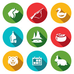 Vector Set of Hunting Icons. Dog, Gun, Duck, Alcohol, Lake, Ear, Bear, Season, Rabbit.