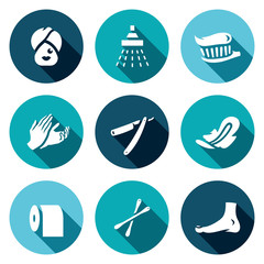 Vector Set of Hygiene Icons. Woman, Shower, Teeth cleaning, Massage, Shaving, Feminine Pads, Toilet, Cosmetic, Pedicure.