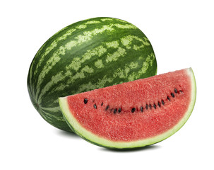 Whole watermelon and big slice isolated on white background © yggdrasil