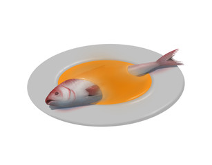 Illustration of pink fish on plate with pumpkin soup, isolated on white 