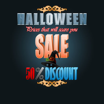 Holiday design with ghost wearing a witch hat hiding behind text, for Halloween sales, commercial event