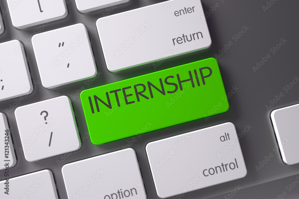 Poster green internship button on keyboard. 3d.