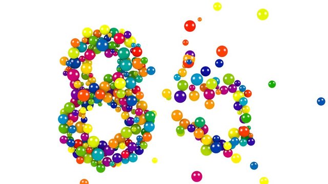 Number 85 formed of colorful balls in the colors of the rainbow for a festive occasion or anniversary isolated on white