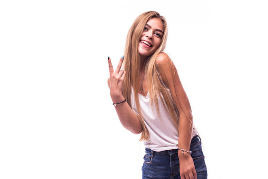 Young happy charming girl  with gesture on white background.