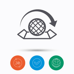 World map icon. Globe with arrow sign.