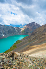 Landscape with mountain lake Ala-Kul, Kyrgyzstan.