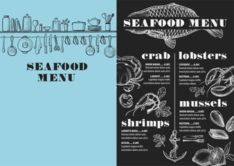 Menu seafood restaurant, food template placemat.
