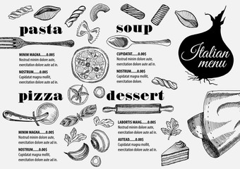 Menu italian restaurant, food template placemat.