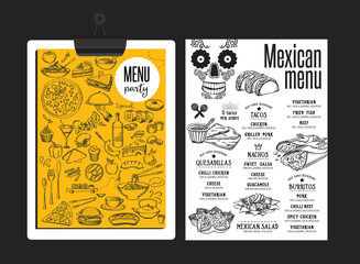 Menu mexican restaurant, template placemat.