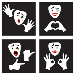 Facial expressions and gestures . Mime mask and gloves . Set. Ve