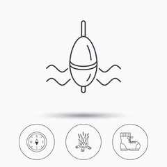 Bonfire, fishing float and hiking boots icons.