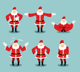Santa Claus set different poses. Santa with  beard in red suit e