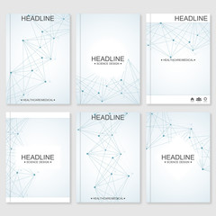 Science vector background. Modern vector templates for brochure, flyer, cover magazine or report in A4 size. Molecule structure and communication on the blue background.