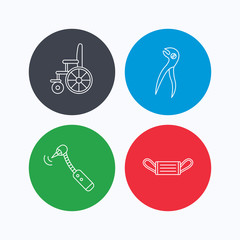 Medical mask, wheelchair and dental pliers icons.