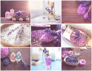 Collage of lavender SPA compositions. Beauty treatment concept.