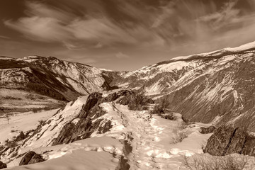 mountain snow valley winter sepia