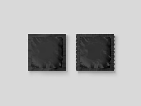 Blank Small Plastic Packet Design Mockup, 3d Illustration, Clipping Path. Clear Retort Sachet Mock Up Template. Clean Black Pouch Bag For Condom, Wet Napkin, Sugar, Shampoo Or Medicine Powder.