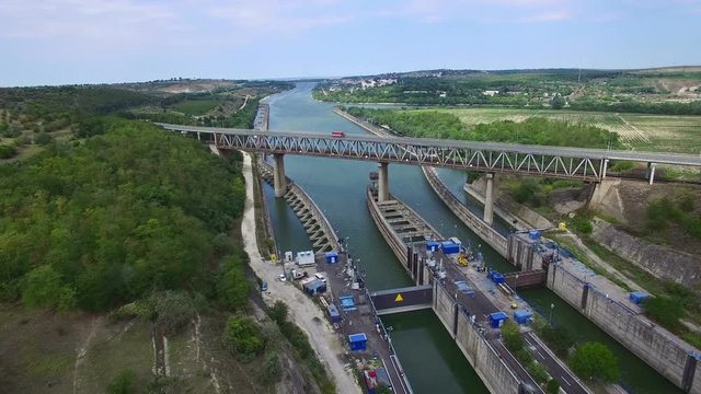 Aerial flight above Cernavoda sluice gate, Ecluza Cernavoda, Romania