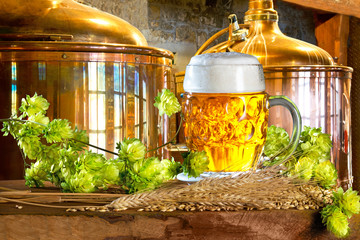 Beer glass and raw material for beer production in the brewery
