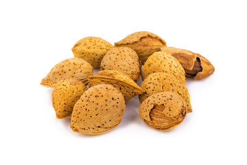 Almond nut in shell and shelled isolated on white background