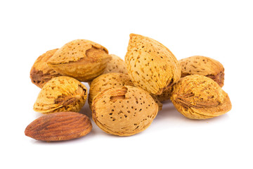 Almond nut in shell and shelled isolated on white background