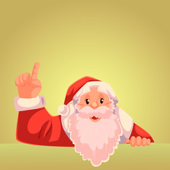 Santa Claus pointing up to a text above, cartoon style vector illustration on gold background. Half length portrait of Santa drawing attention to text above and pointing up