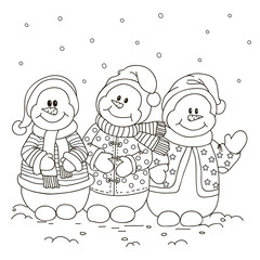 Coloring. Three snowman.