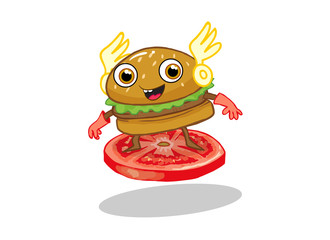 Burger Super Hero Mascot Flying on Tomato