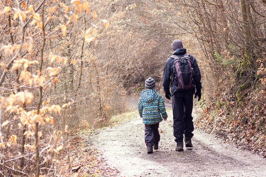 Father and son walking on forest road