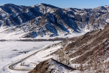 mountain road snow winter valley