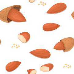 Vector seamless pattern almond nut. Illustration of peeled nuts and in shell isolated on white background it can be used as packaging design element, printing brochures on healthy and vegetarian diet
