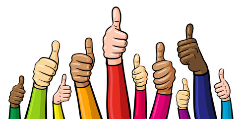 Set: Viele Hände mit Daumen hoch in unterschiedlichen Hautfarben / Vektor-Illustration, freigestellt 